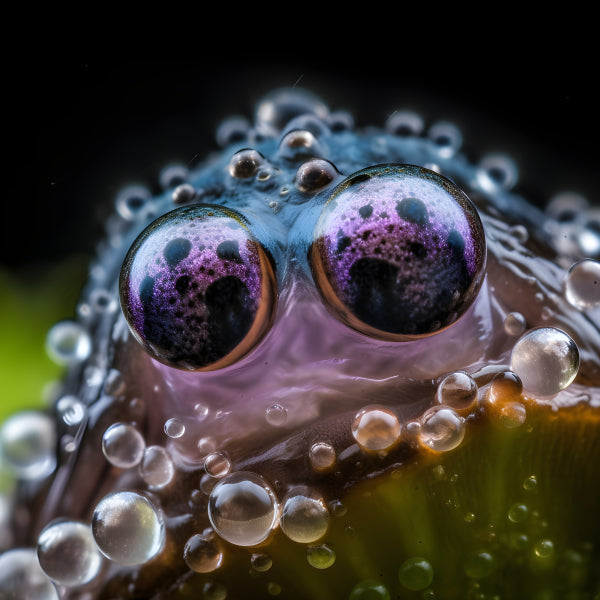 Vinyl Decal, Vibrant Macro Photograph of Frog Eyes with Water Droplets, Unique Purple and Blue Tones