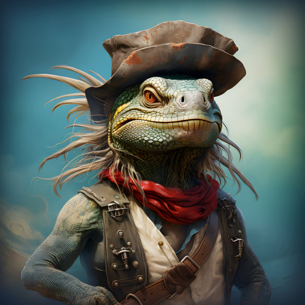 Vinyl Decal, Portrait of a Green Iguana in a Cowboy Hat and Pirate Attire, (5" x 7")