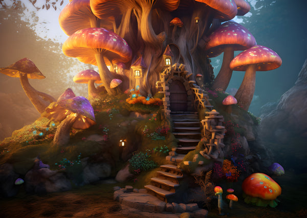 Vinyl Decal, Whimsical Mushroom House Fantasy Art Print, Magical Forest Dwelling Decor, Enchanted Fa