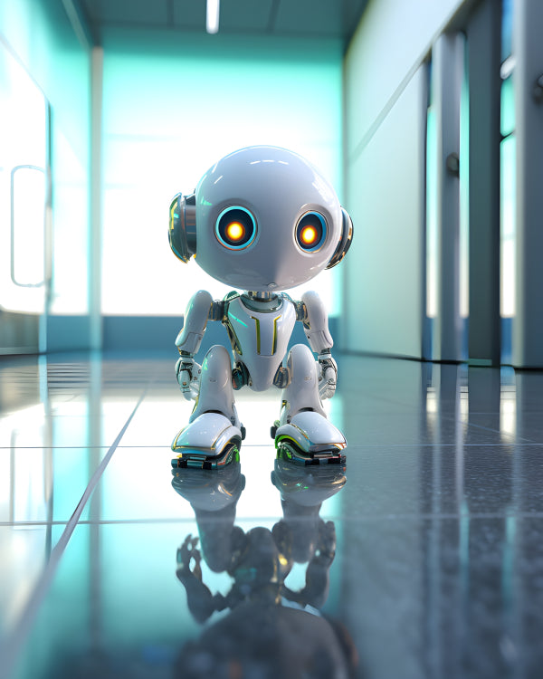 Vinyl Decal, Cute White Robot Toy Figure with Bright Orange Eyes - Adorable AI Assistant 3D Render C