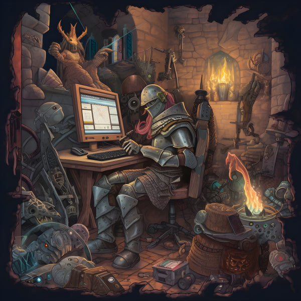 Vinyl Decal, Medieval Knight Working on a Computer in a Modern Environment (5" x 7")