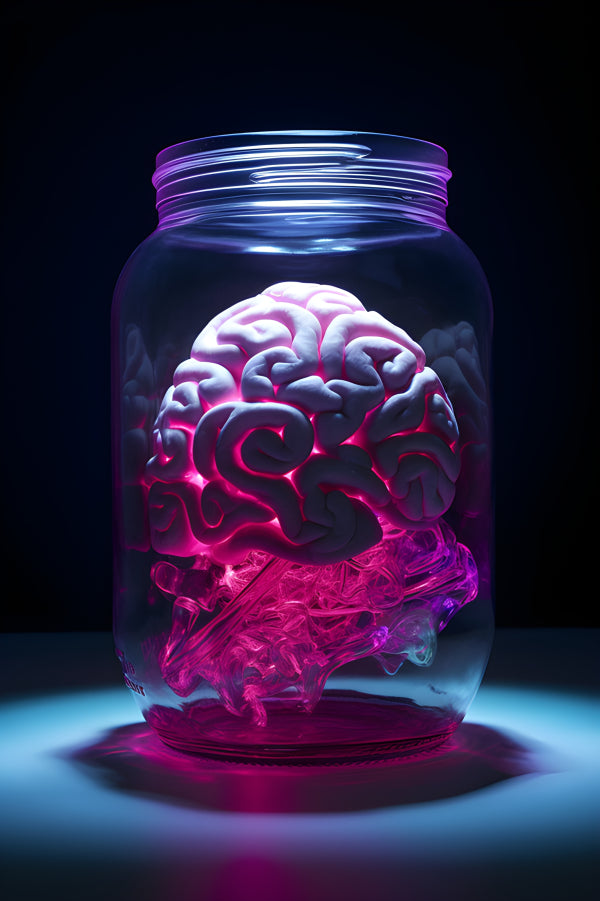 Vinyl Decal, Concept Art of a Human Brain Preserved in a Glass Jar with Pink and Purple Lighting (5"