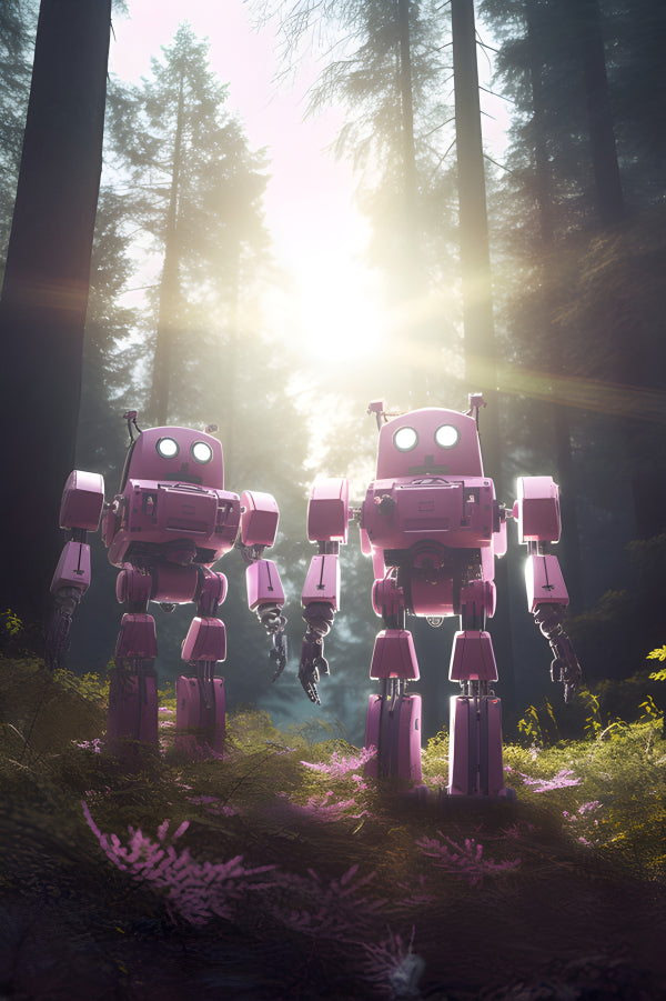 Vinyl Decal, Love Death and Robots Inspired Art Print Featuring Two Pink Robots in a Forest Setting