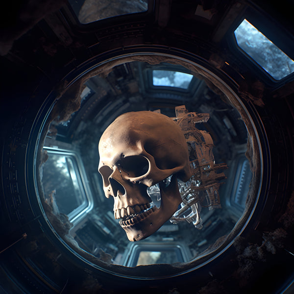 Vinyl Decal, Abandoned Space Station Human Skull Floating in Portal Window Science Fiction Art Decor