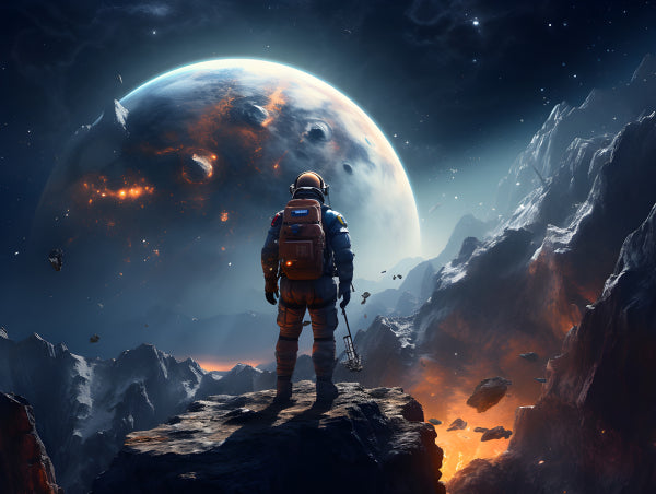 Vinyl Decal, Astronaut Explorer Standing on Alien Planet Surface Observing Distant Celestial Body in