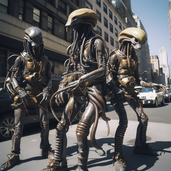 Vinyl Decal, Urban Encounter, Three Intricate Alien Figures in City Street Setting (5" x 7")