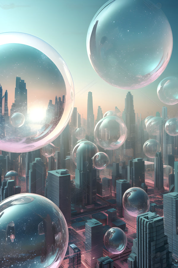 Vinyl Decal, City Skyline Art Print with Surreal Floating Bubbles, Modern Urban Wall Decor (5" x 7")