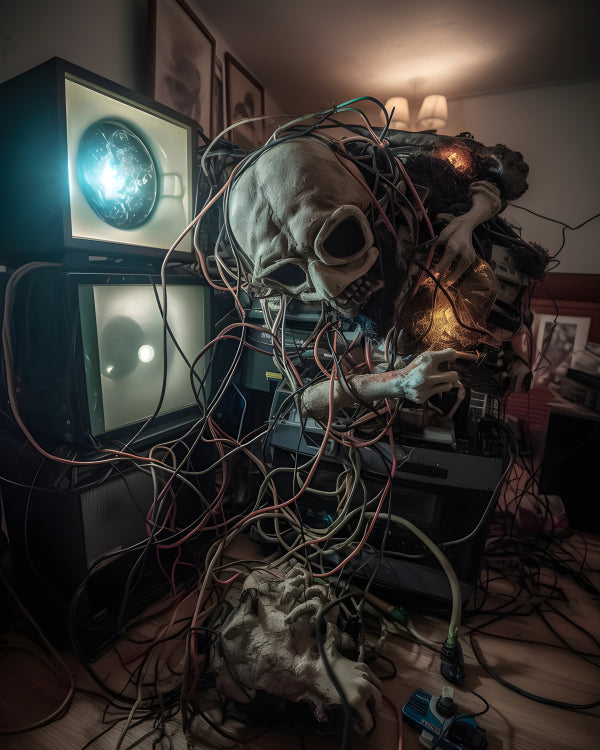 Vinyl Decal, Horror Skull and Hands Sculpture with Vintage Electronics Wires Halloween Prop Decorati