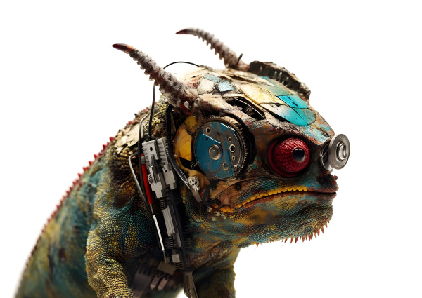 Vinyl Decal, Cyberpunk Chameleon Figurine: Highly Detailed Sci-Fi Reptile Collectible Art Piece (5"