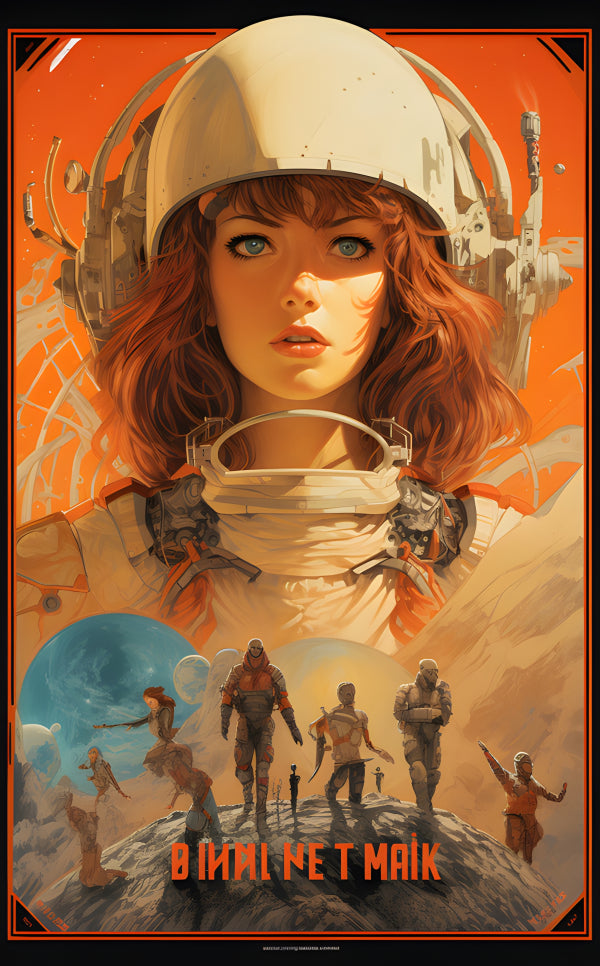 Vinyl Decal, Retro Sci-Fi Art Print, Vintage Space Exploration Poster with Astronaut Woman & Desert