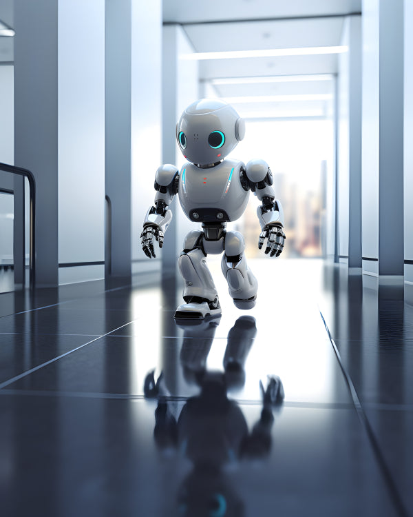 Vinyl Decal, White Humanoid Robot Walking in Modern Hallway, Advanced AI Telepresence Bot with Blue