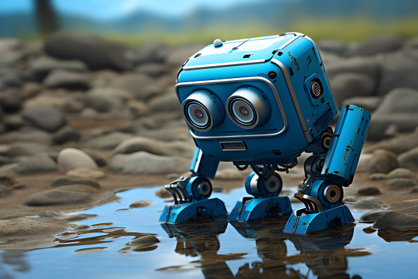 Vinyl Decal, Small Blue Retro Robot with Reflective Eyes (5" x 7")
