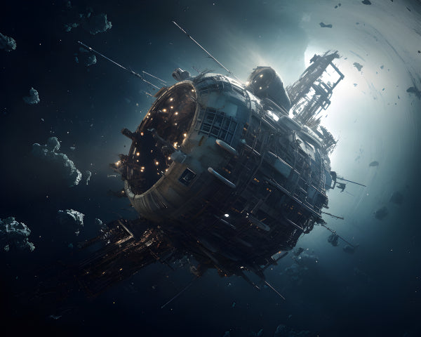Vinyl Decal, Massive Deep Space Habitat Station Surrounded by Asteroids and Stars Generative AI Conc