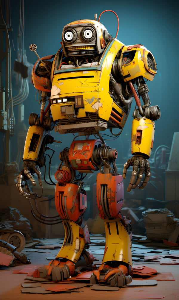Vinyl Decal, Retro Yellow & Orange Junkyard Robot Action Figure Collectible (5" x 7")
