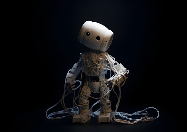 Vinyl Decal, Adorable White Robot Figurine with Tangled Cables, Unique Collectible Desktop Decoratio