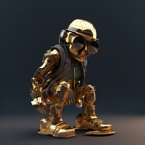 Vinyl Decal, Golden Hip-Hop Robot Collectible Figurine, Gold-Plated Finish, Stylish Squatting Pose (
