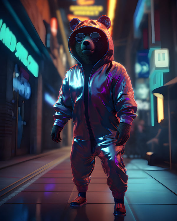 Vinyl Decal, Cyberpunk Bear in Metallic Tracksuit Art Print (5" x 7")