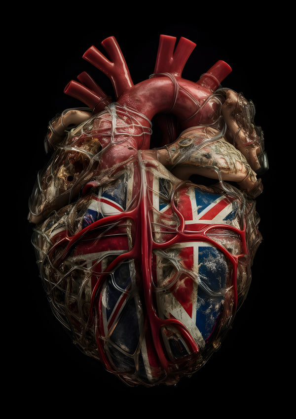Vinyl Decal, Anatomical Human Heart Model with British Union Jack Flag Design, Patriotic Art Sculptu