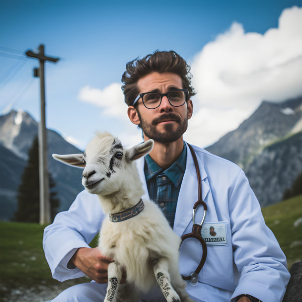Vinyl Decal, cheerful veterinarian in a white coat and glasses poses outdoors with a small white goa