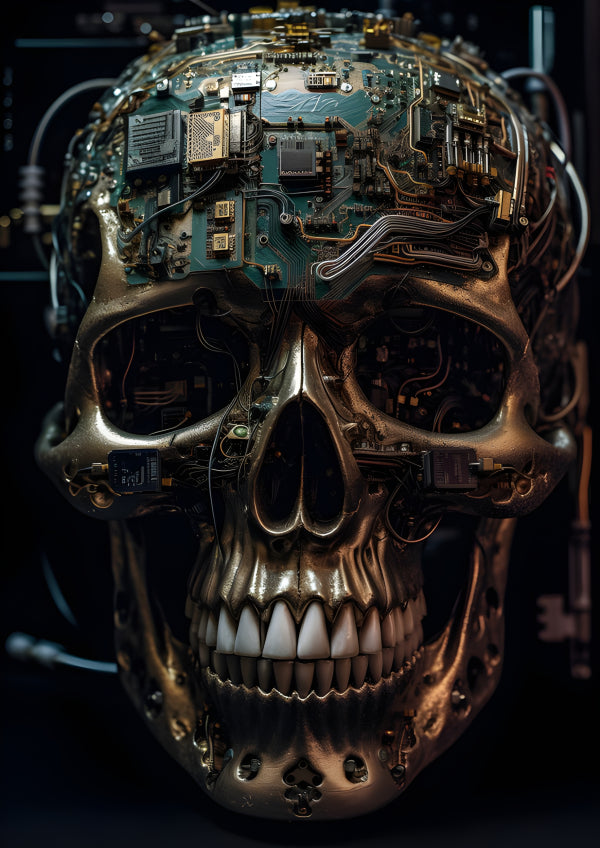 Vinyl Decal, Robot Cyborg Skull with Electric Circuits (5" x 7")