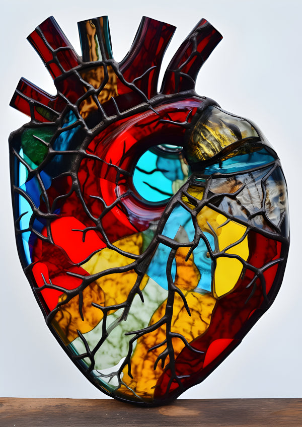 Vinyl Decal, Vibrant Stained Glass Anatomical Heart Sculpture (5" x 7")
