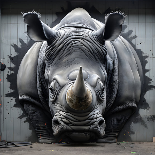 Vinyl Decal, Grey Rhinoceros Breaking Through Wall Mural (5" x 7")