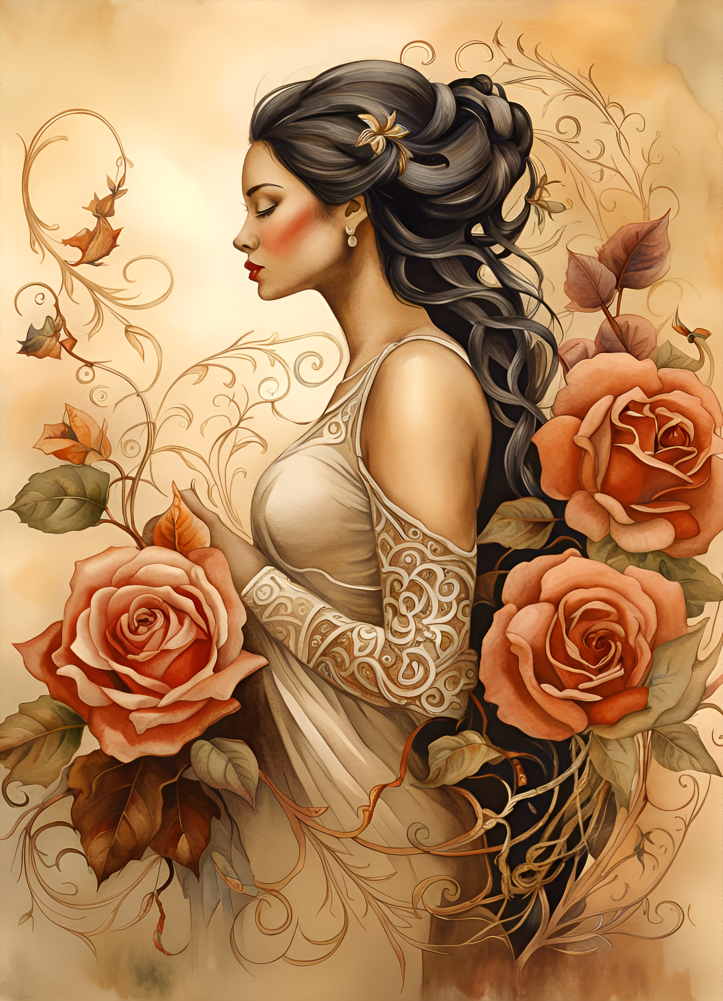 Vinyl Decal,Elegant Woman and Roses Wall Art Vintage Floral Portrait Poster Print, 5 x 7 or 8 x 10 I