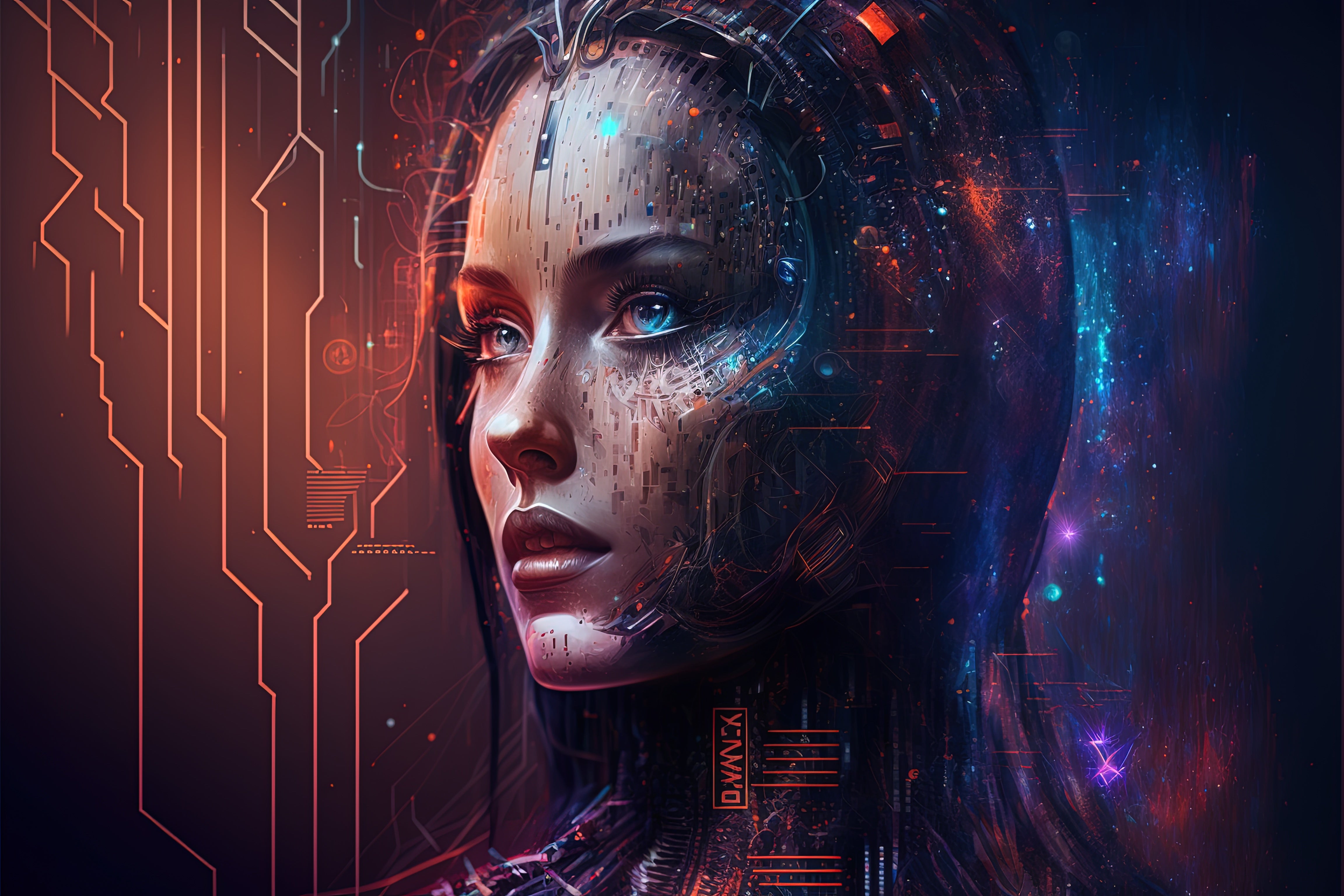 Vinyl Decal,Futuristic Cyborg Woman Wall Art Poster Digital AI Generated Science Fiction Decor, 5 x
