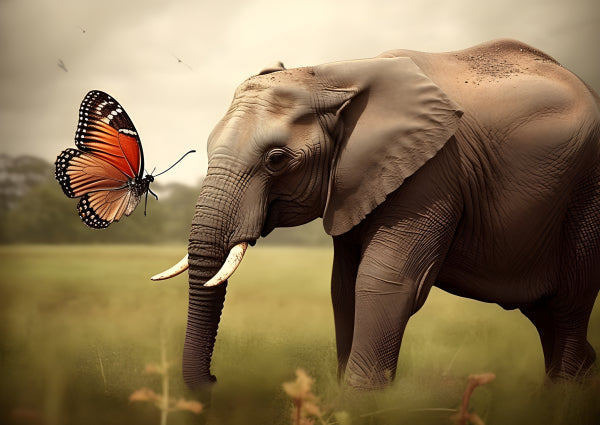 Vinyl Decal, Majestic African Elephant & Vibrant Butterfly in the Wild (5" x 7")