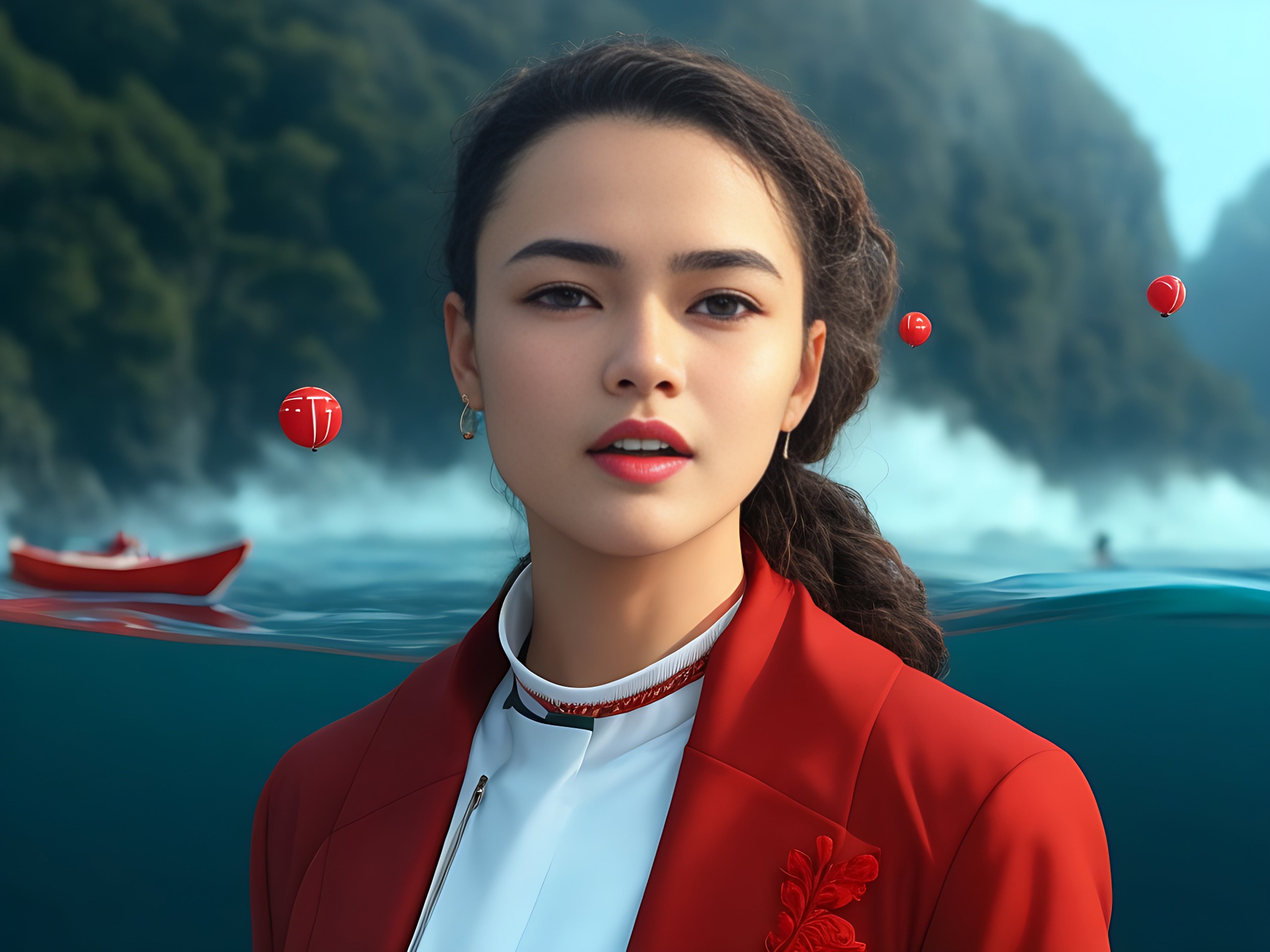 Vinyl Decal,Beautiful Woman in Red Jacket Ocean Theme Wall Poster, 5 x 7 or 8 x 10 Inch Unframed Pos