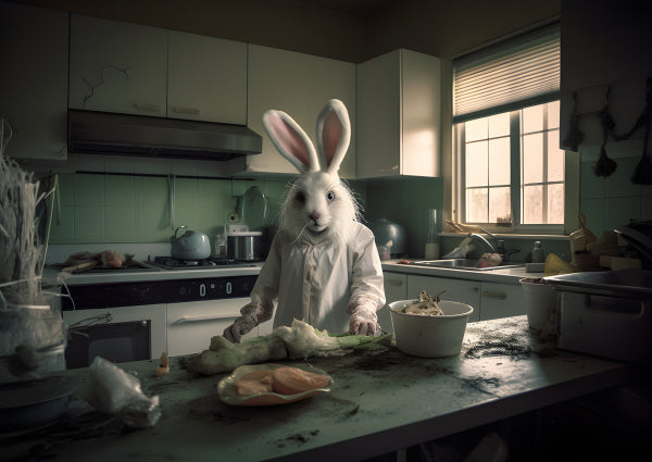 Vinyl Decal, Surreal White Rabbit in Eerie Dark Kitchen Cooking Art (5" x 7")