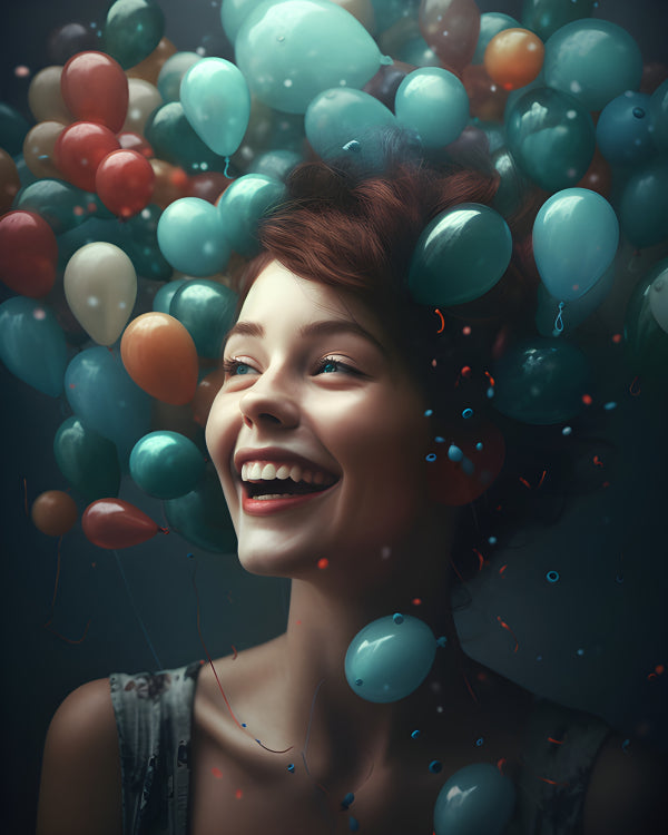 Vinyl Decal,Joyful Woman with Colorful Balloons Wall Art Poster Modern Vibrant Celebration, 5 x 7 or