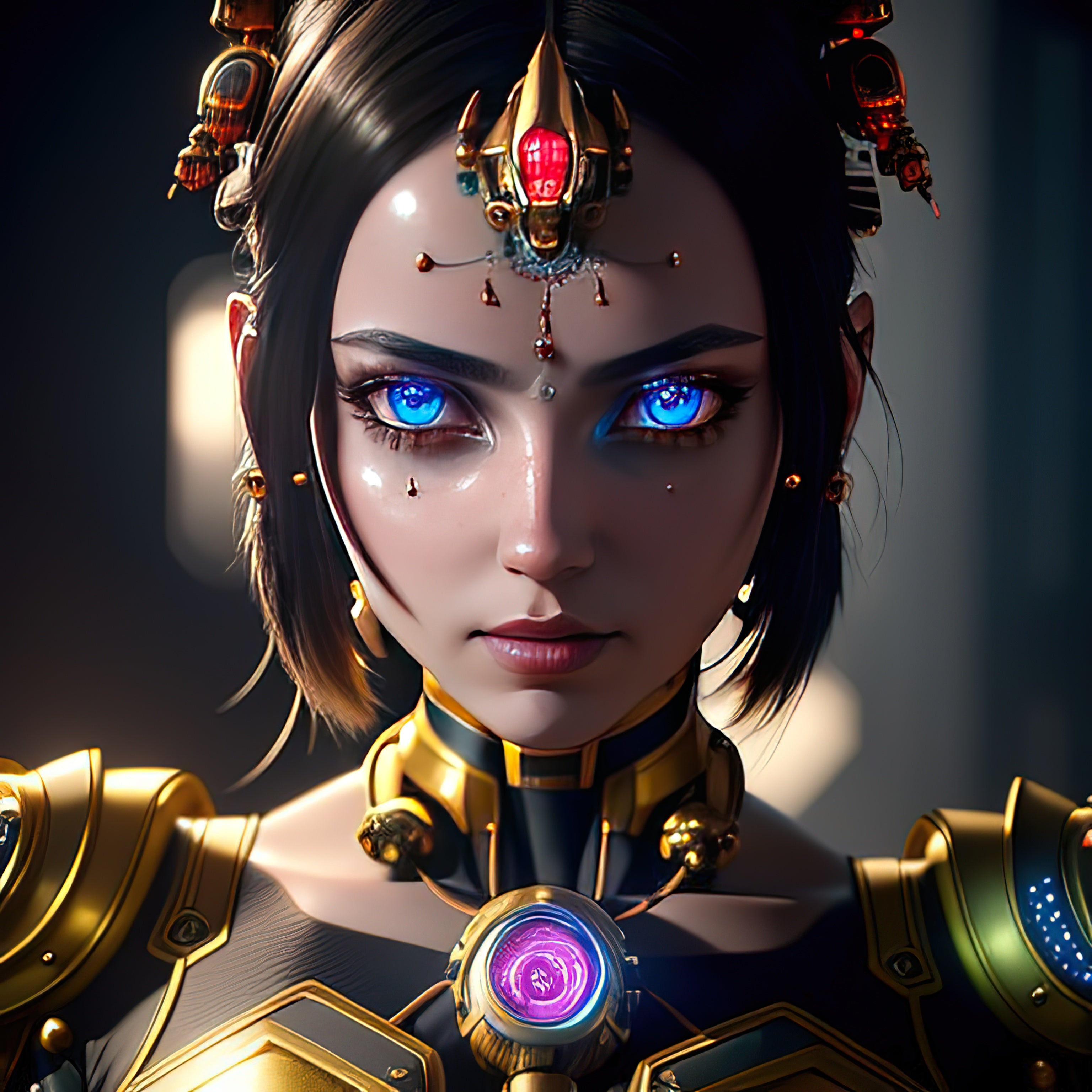 Vinyl Decal,Woman Wall Art Poster Sci Fi Fantasy Decor Blue Eyes Gold Armor Digital Print, 5 x 7 or