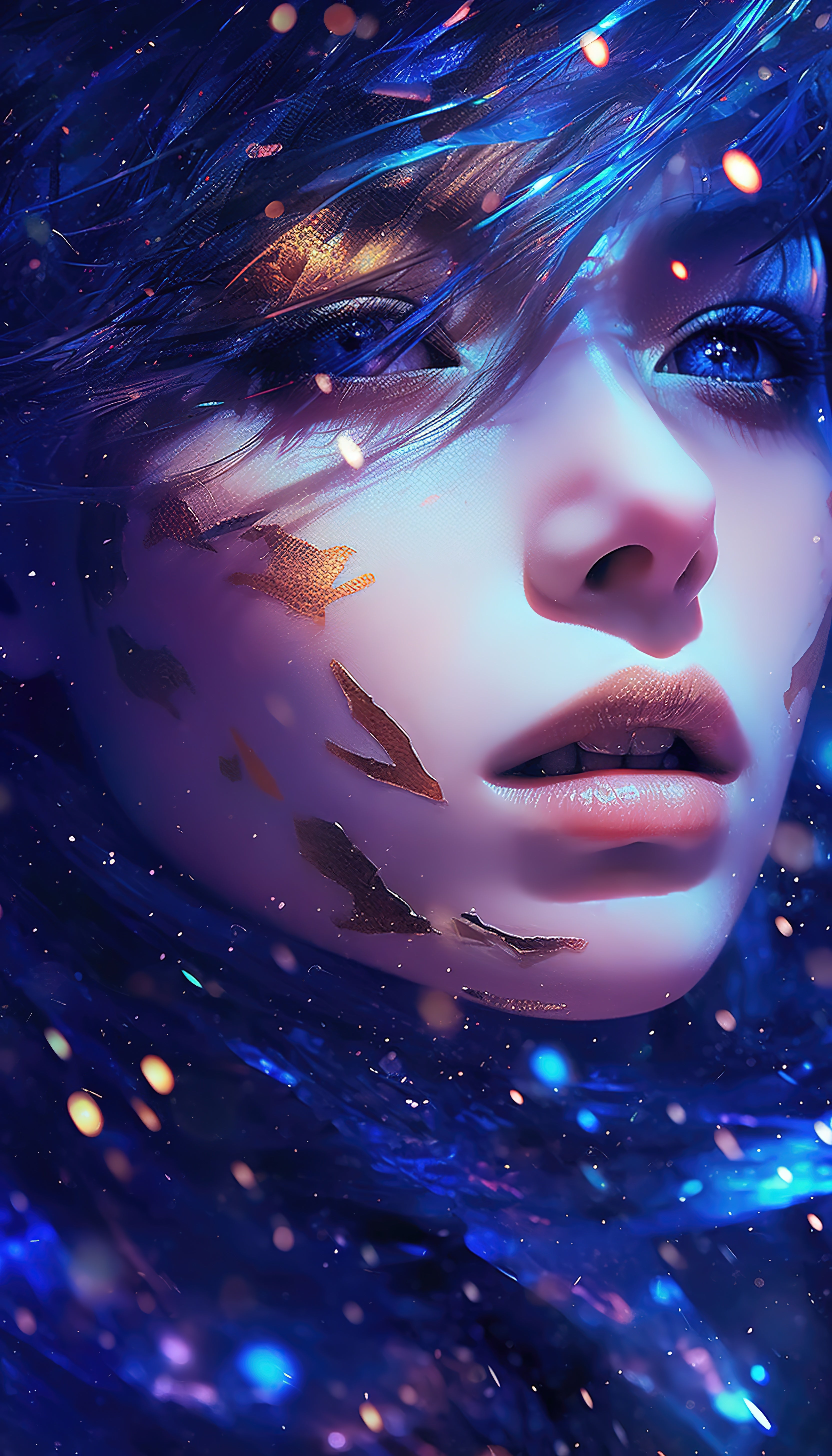 Vinyl Decal,Woman Portrait Ultra-Realistic with Sparkling Hair & Blue Eyes Dreamy Fantasy Wall Art,