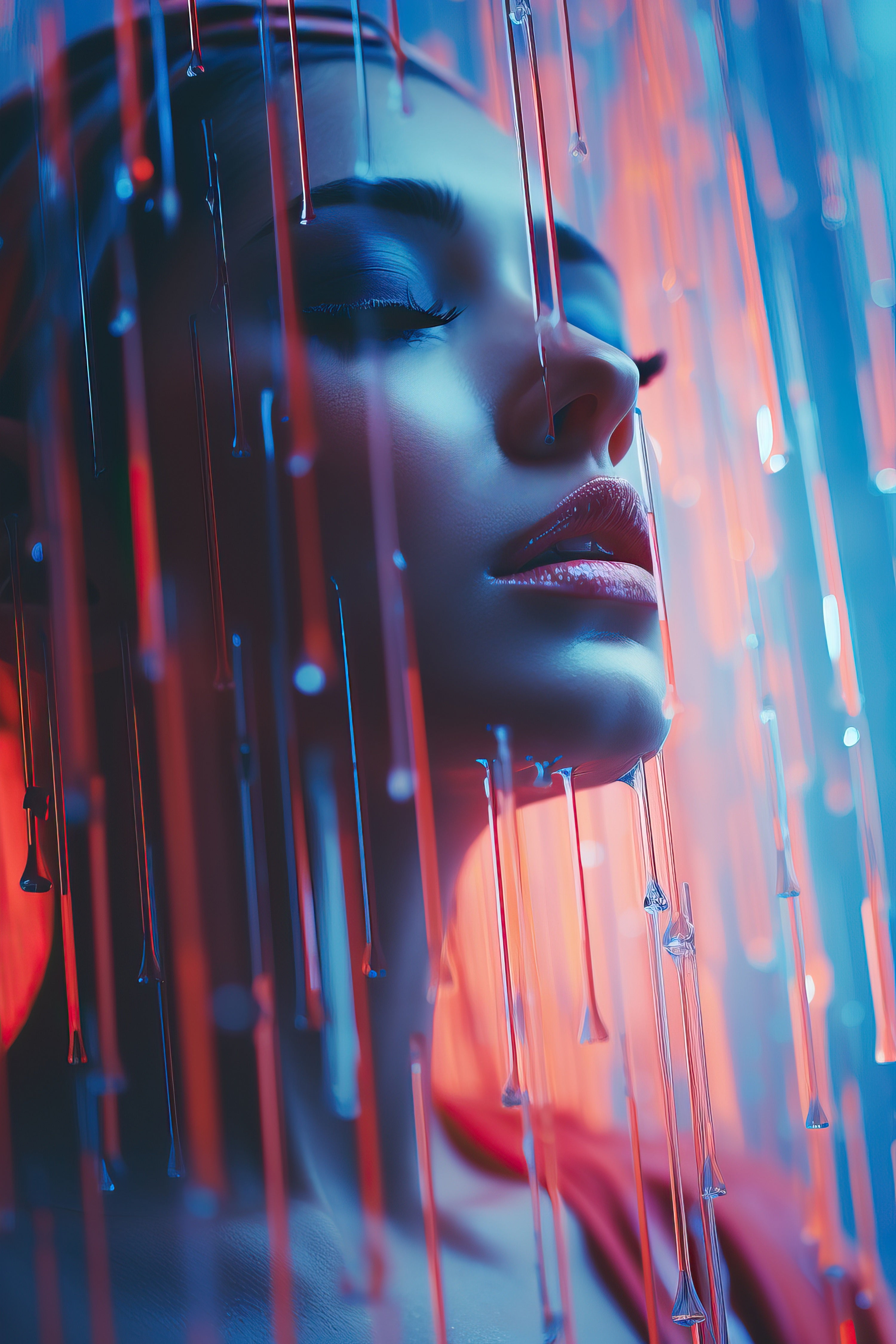 Vinyl Decal,Futuristic Neon Portrait Woman Wall Art Poster Vibrant Blue Red Light Streaks, 5 x 7 or