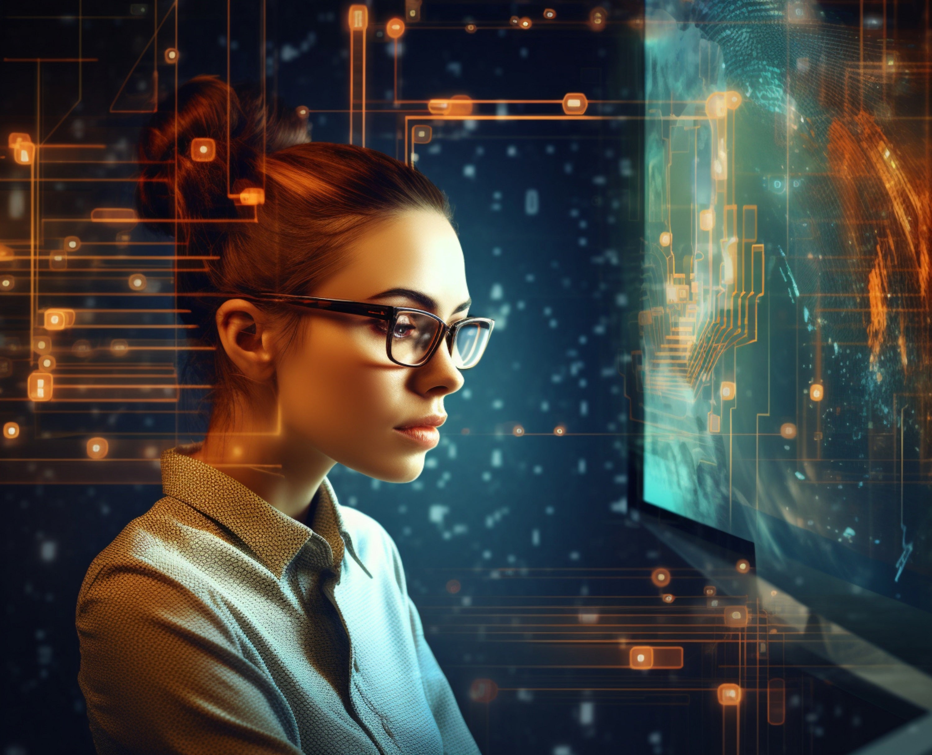 Vinyl Decal,Focused Woman Working on Futuristic Computer Tech Digital Art Poster, 5 x 7 or 8 x 10 In