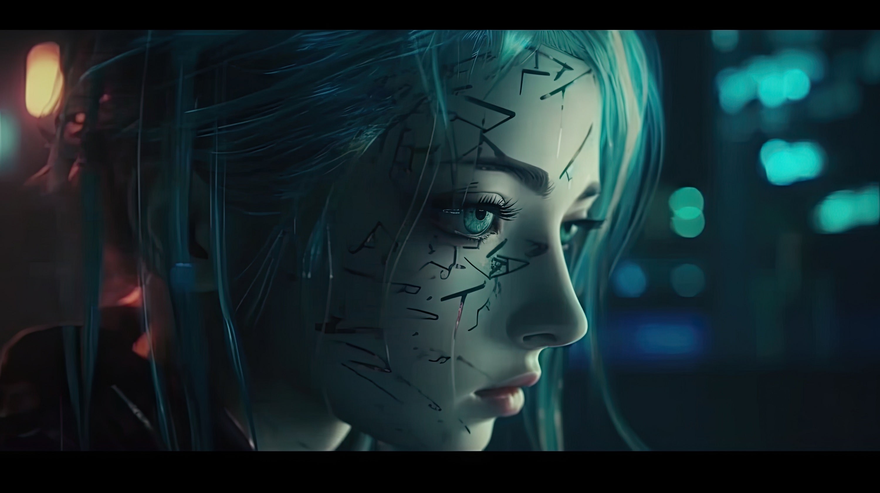 Vinyl Decal,Cyberpunk Blue Haired Woman Futuristic Sci-Fi Portrait Wall Art Poster, 5 x 7 or 8 x 10