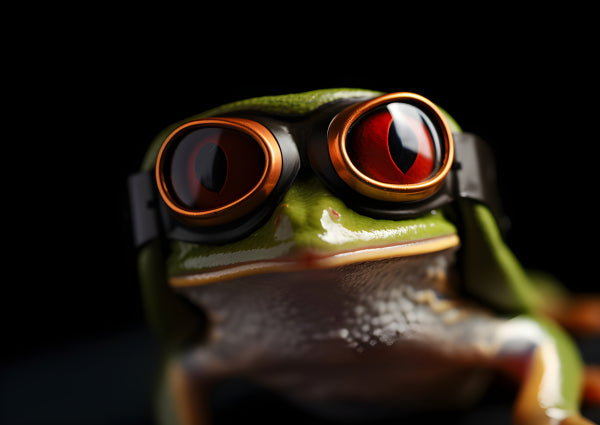 Vinyl Decal, Green Red-Eyed Tree Frog Figurine with Vintage Copper-Colored Goggles (5" x 7")