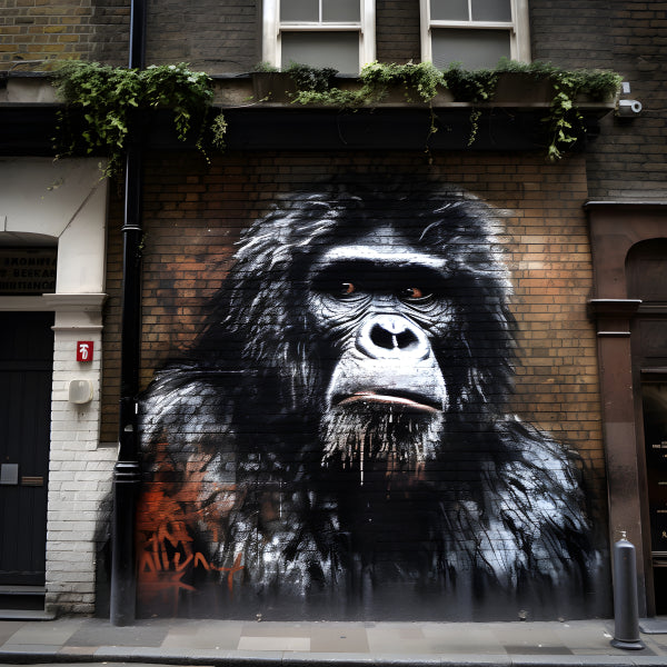 Vinyl Decal, Large Realistic Black and White Gorilla/Chimpanzee Street Art Mural on Brick Wall (5" x
