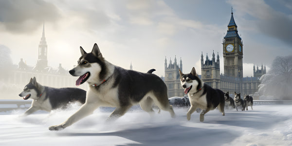 Vinyl Decal, Huskies Running in Snow with London's Big Ben & Parliament Background Winter Scene Wall