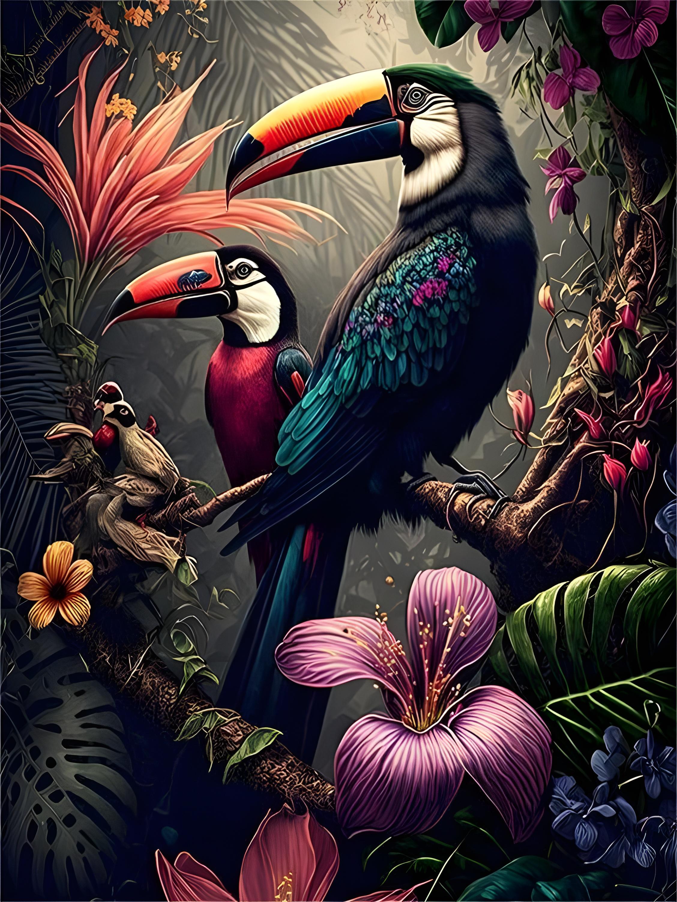 Vinyl Decal, Jungle Paradise Print Featuring Exotic Birds and Vibrant Flora (5" x 7")