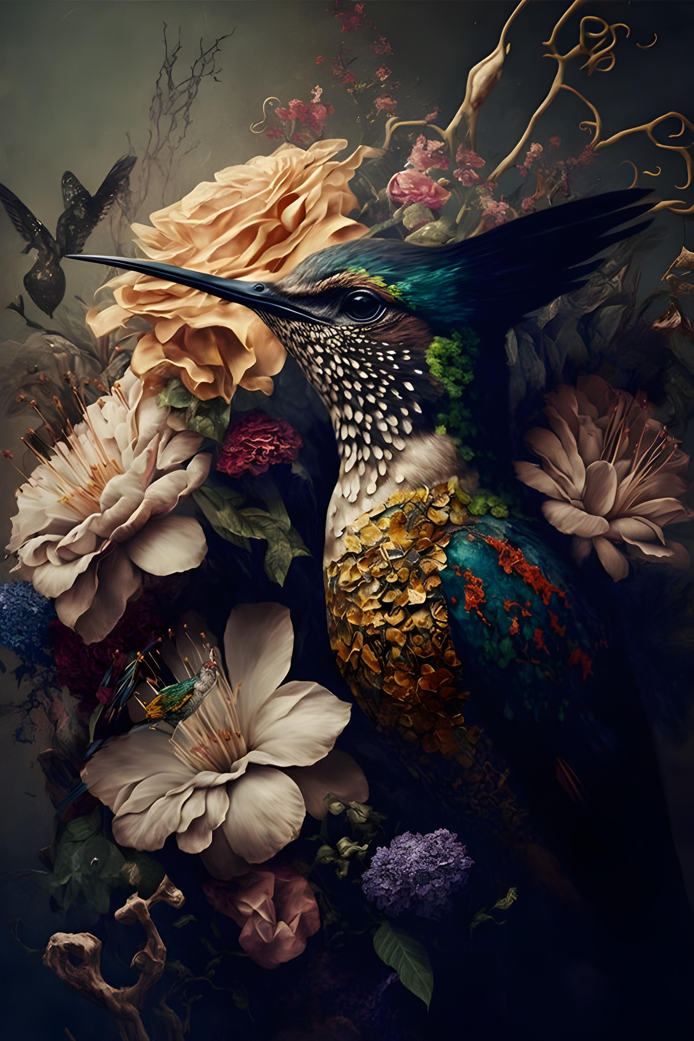 Vinyl Decal, Visually Rich Piece Featuring a Small Avian Creature and Lush Floral Elements for Home