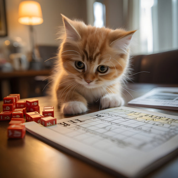 Vinyl Decal, Fluffy Orange Tabby Kitten with White Paws Interacting with Red Gaming Dice and Grid Pa