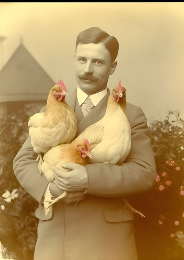 Vinyl Decal, Vintage Man with Mustache Holding Chickens Art Print (5" x 7")