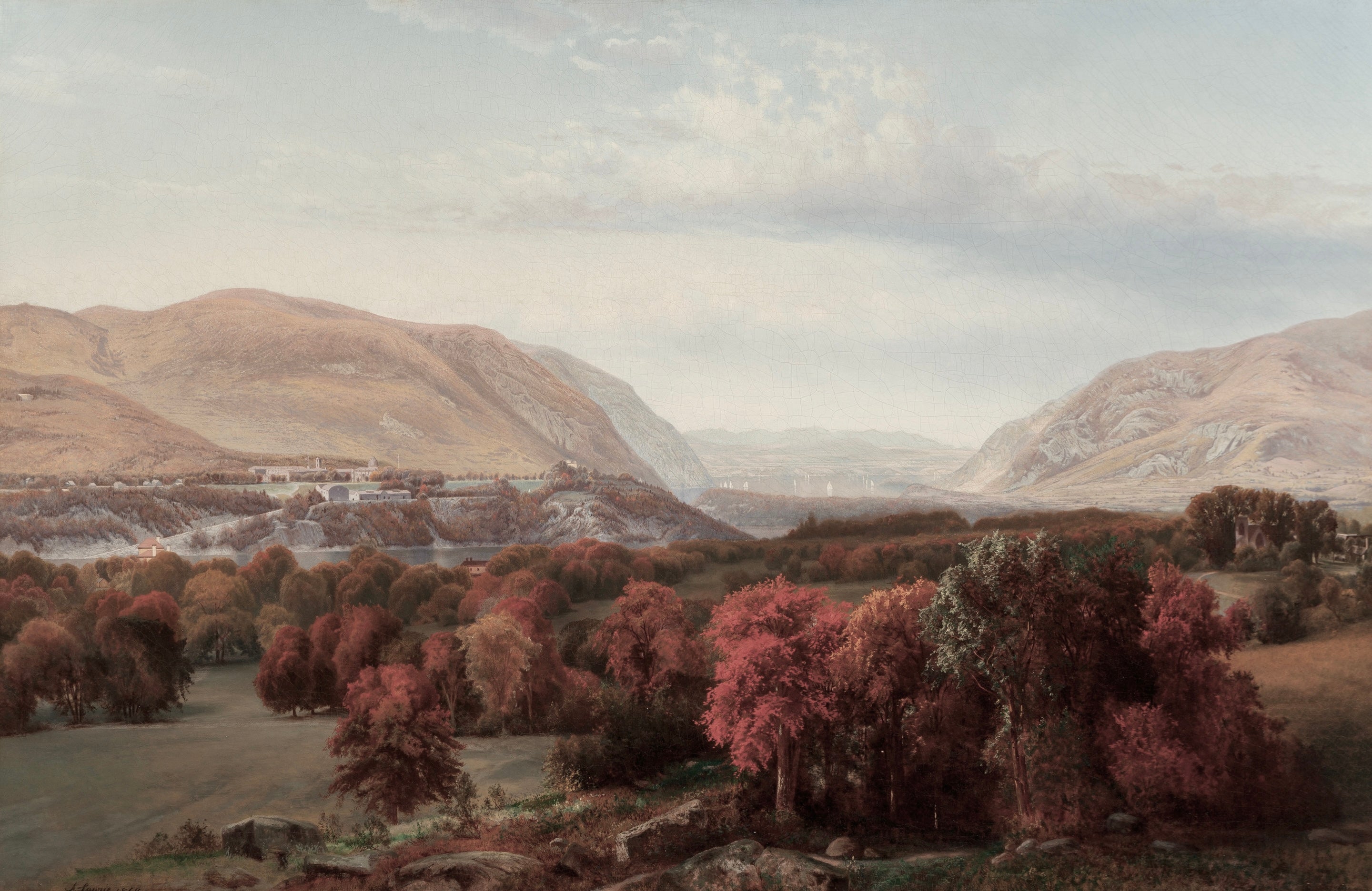 Vinyl Decal, Serene Autumnal Vista of a Historical Riverside Settlement Amidst Rolling Hills and Lus