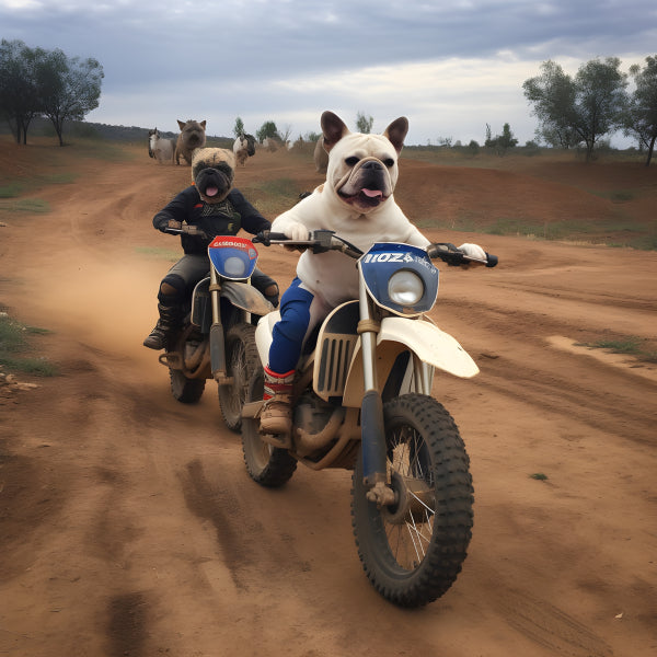 Vinyl Decal, French Bulldogs on Dirt Bikes Off-Road Adventure Photo Print (5" x 7")