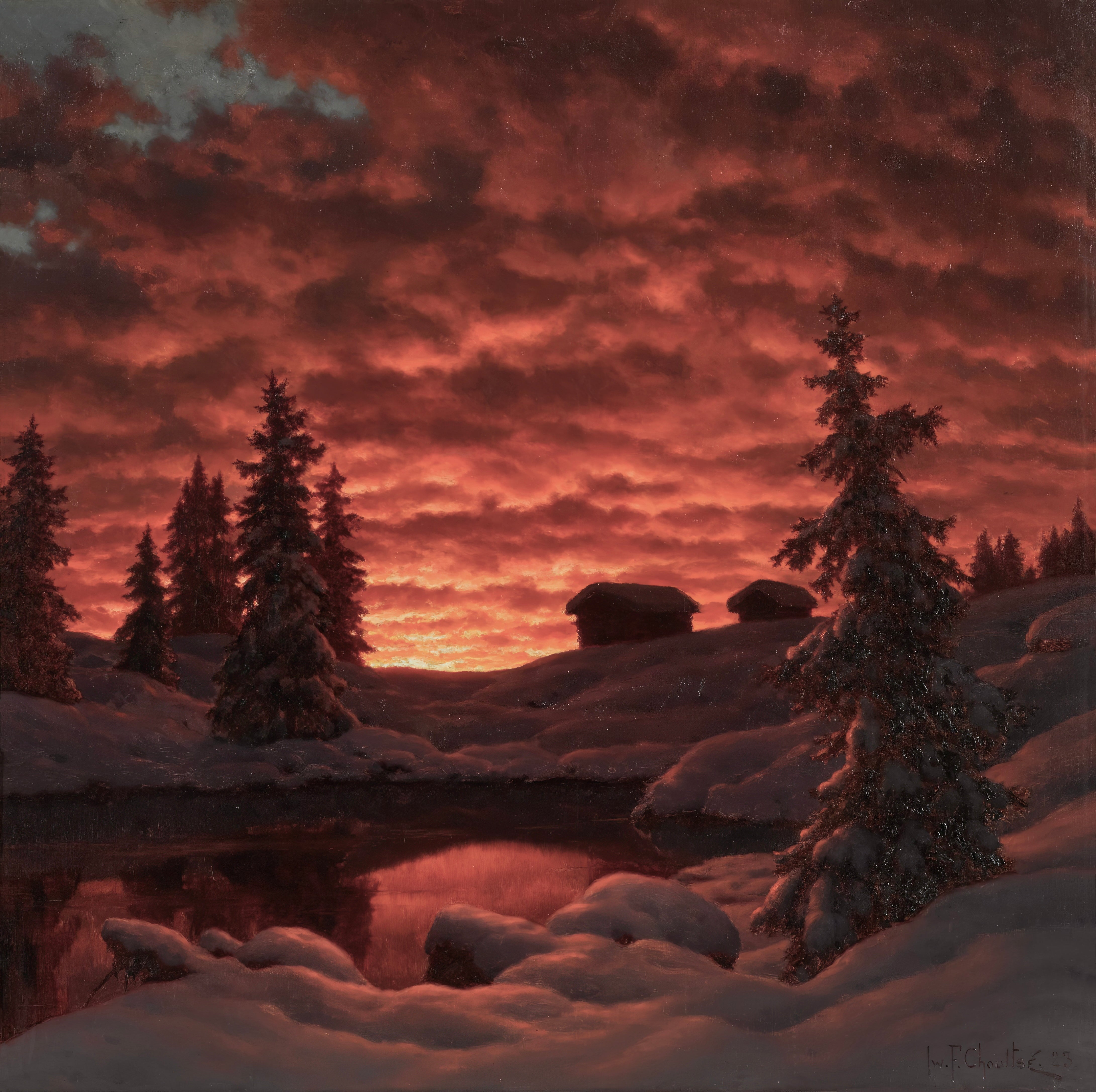 Vinyl Decal, Stunning Winter Scene Artwork Featuring Vivid Red and Orange Sunset, Snow Covered Fores
