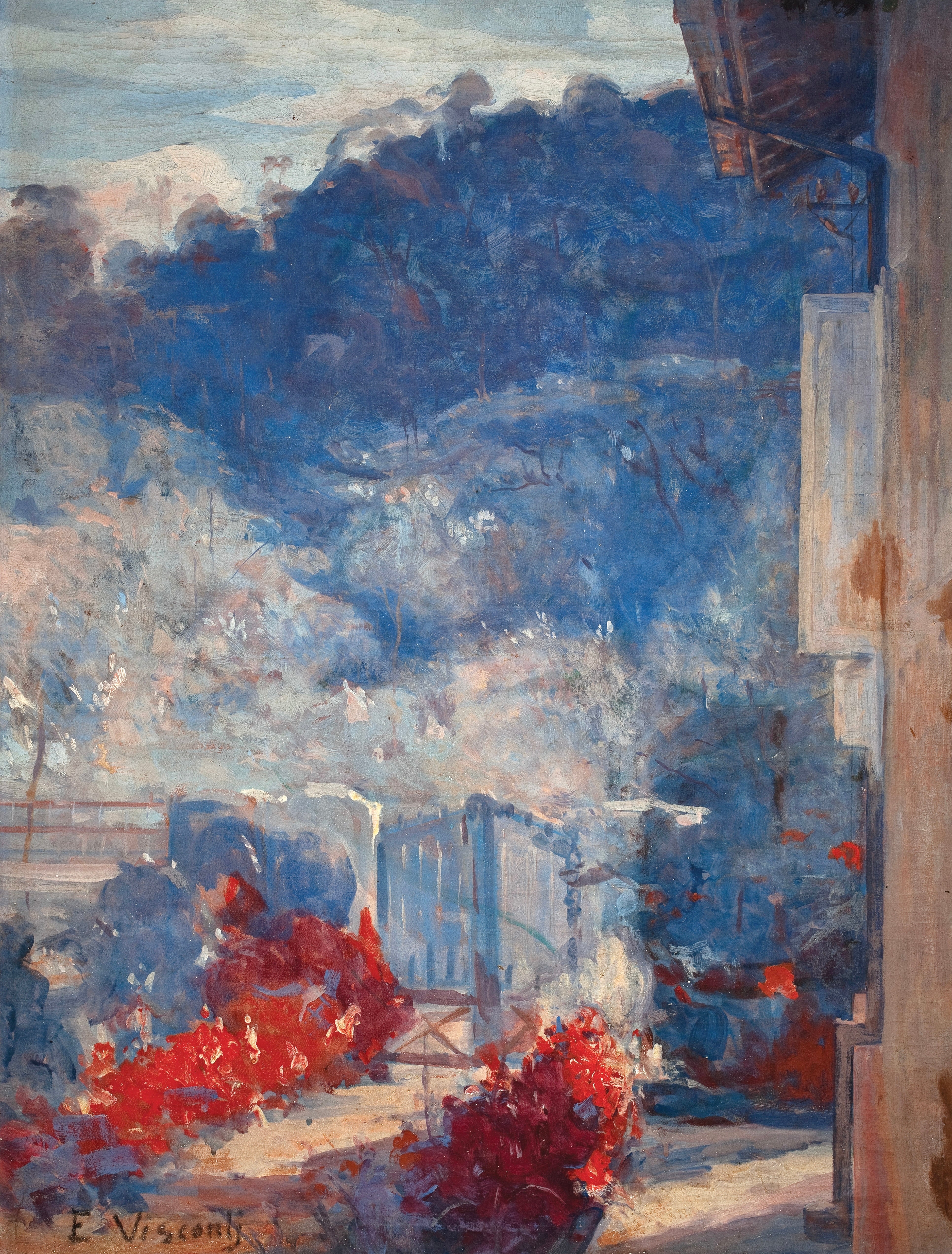 Vinyl Decal, Beautiful impressionist style landscape painting print with vibrant blue and red colors