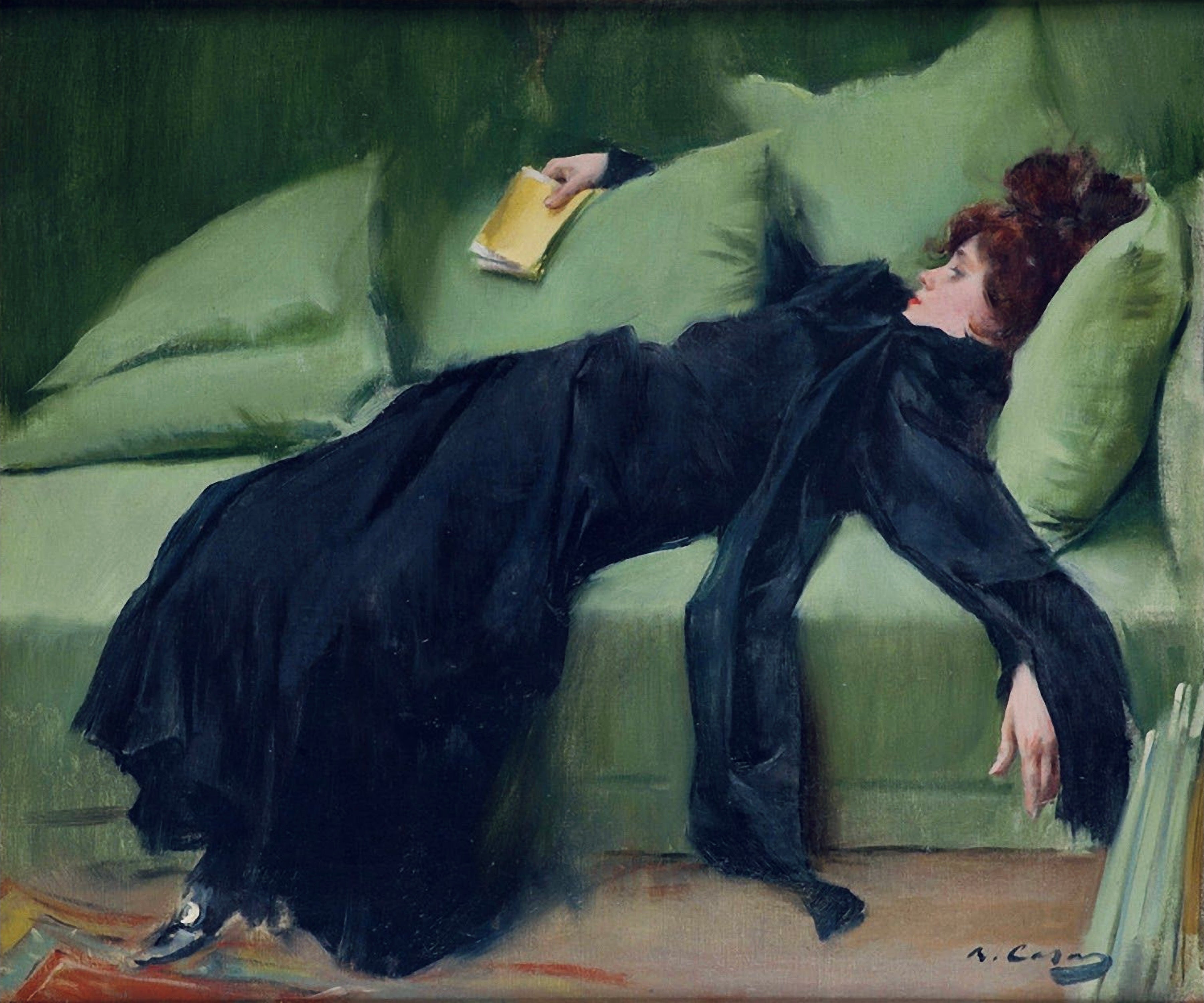 Vinyl Decal, Elegant Depiction of a Lady in Repose on a Plush Green Couch, Captured in a Classic Art