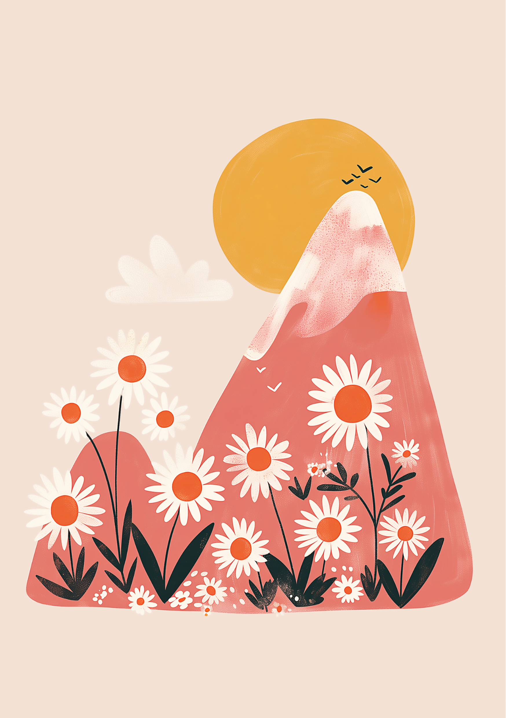 Vinyl Decal, Artistic Illustration of Mountain Scene with White Flowers and Sun (5" x 7")